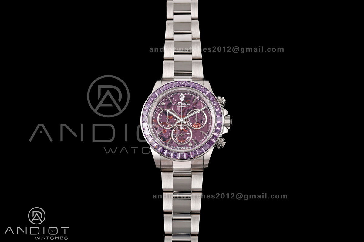 Daytona Arolla SONIC Best Edition Purple Crystal Skeleton Dial Diamonds Bezel on SS Oyster Bracelet SA4130